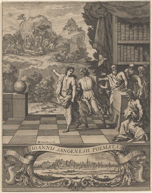 Allegorical female figure points young man to Mount Parnassus (1654)