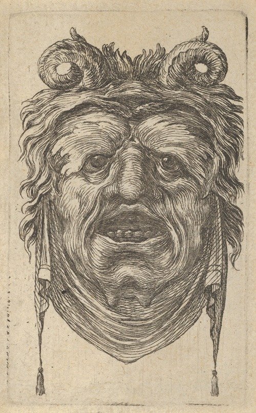 Satyr Mask with Curled Horns, Leafy Eyebrows and a Cloth Hanging Beneath the Chin (1635–1645)