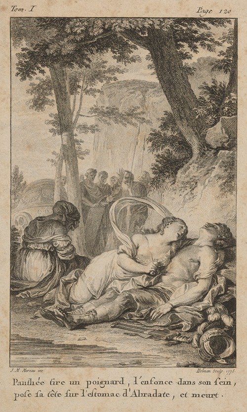 Panthea pulls out a knife, plunges it into her bosom, lays her head on Abradates’ stomach, and dies (1775)