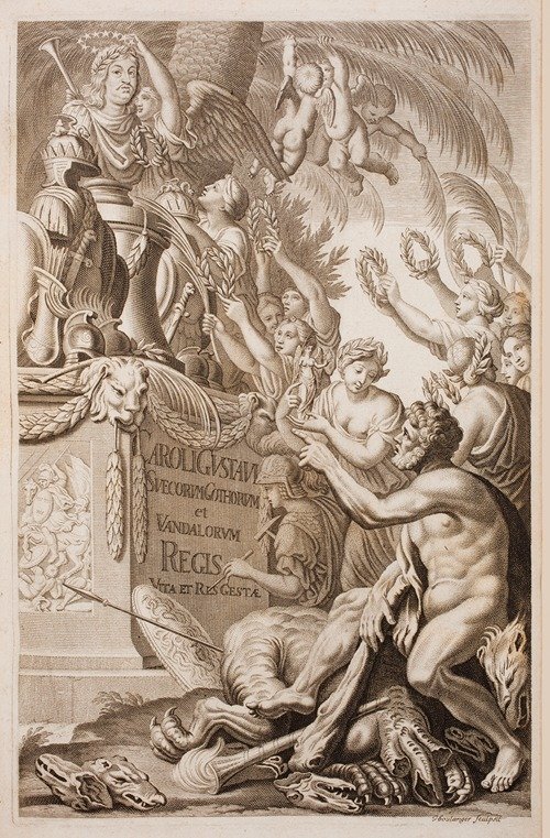 Title page with a bust of Carl Gustaf, king of Sweden, and a host of allegorical figures honouring him (1696)