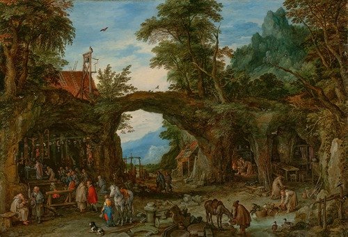 A mountainous wooded landscape with hermits and a mass being held at a shrine (1619)