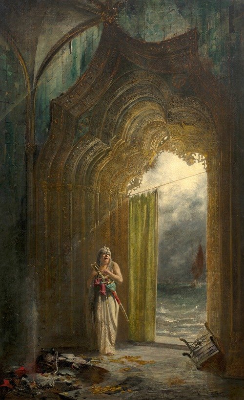 Character with a saber in front of a door