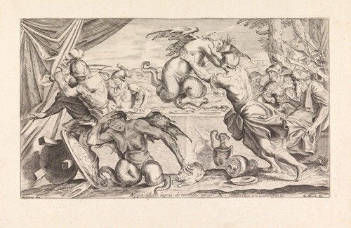 Aeneas and his army fighting the harpies (Arpijae celebri lapsu de montibus adsunt) (1663)