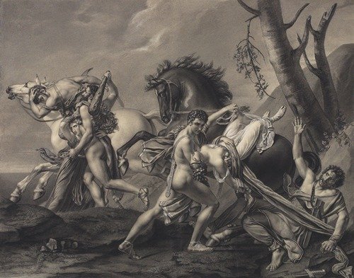 Theseus and Pirithoüs Clearing the Earth of Brigands, Deliver Two Women from the Hands of their Abductors (1806) — Marie-Joséphine-Angélique Mongez