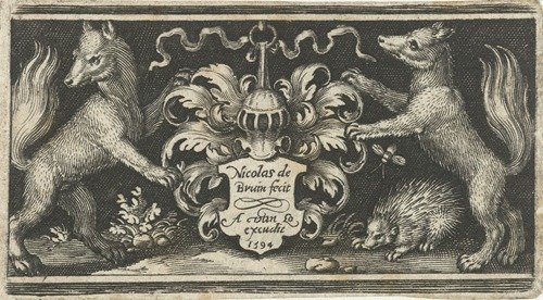Coat of arms with helmet held by two foxes (1594)