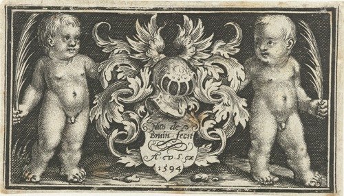 Coat of arms with helmet held by two putti (1594)