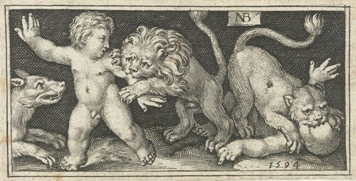Lion and lioness tear putti apart (1594) — Nicolaes de Bruyn