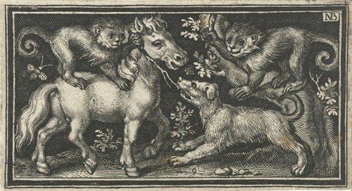 Two monkeys bully a dog (1594)