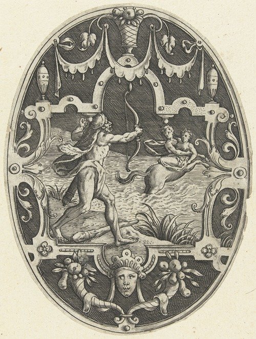 Hercules shoots down the centaur Nessus, who is trying to kidnap Deianira. (1519-1591)