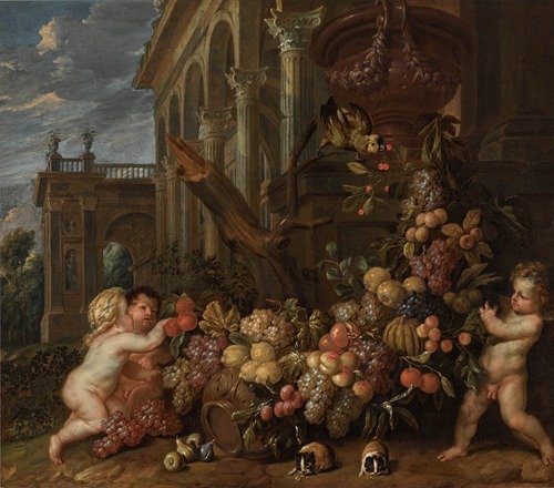 Architectural capricci with putti plucking a swag of fruit