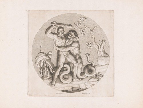 Hercules defeats the giant with the snake tail (1678)