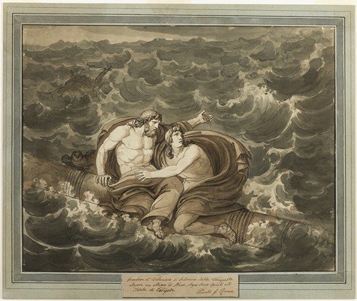 Mentor and Telemachus, Having Survived the Storm, Are Spirited to the Island of Calypso on a Mast, from The Adventures of Telemachus, Book 6 (1808)