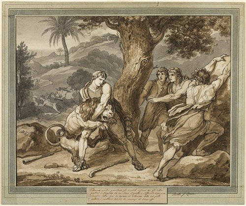 Telemachus Battles the Lion, from The Adventures of Telemachus, Book 2 (1808)