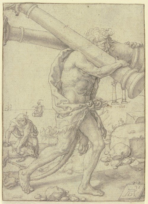 Herkules trägt die Säulen nach der Enge von Gades (1550) — Heinrich Aldegrever