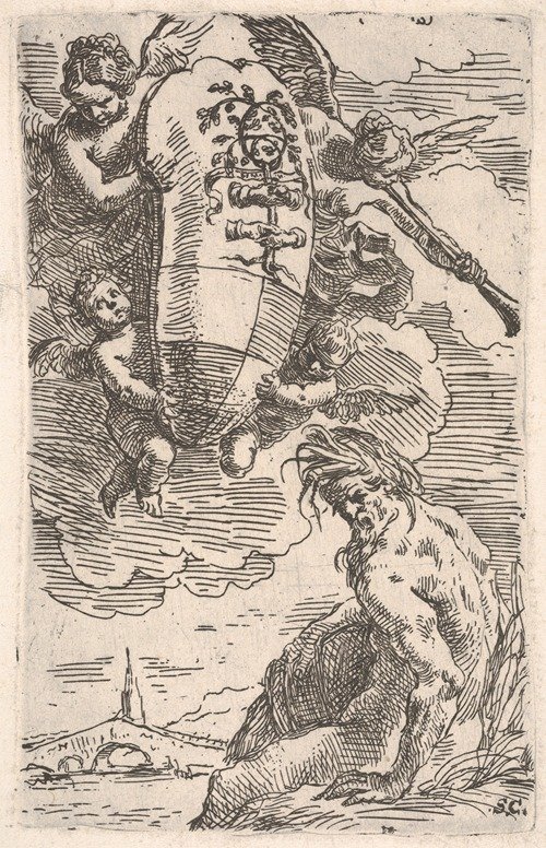 Allegory of the Foglia River and the city of Pesaro’s coat of arms, frontispiece for ‘Il Pesarese’ (1639)